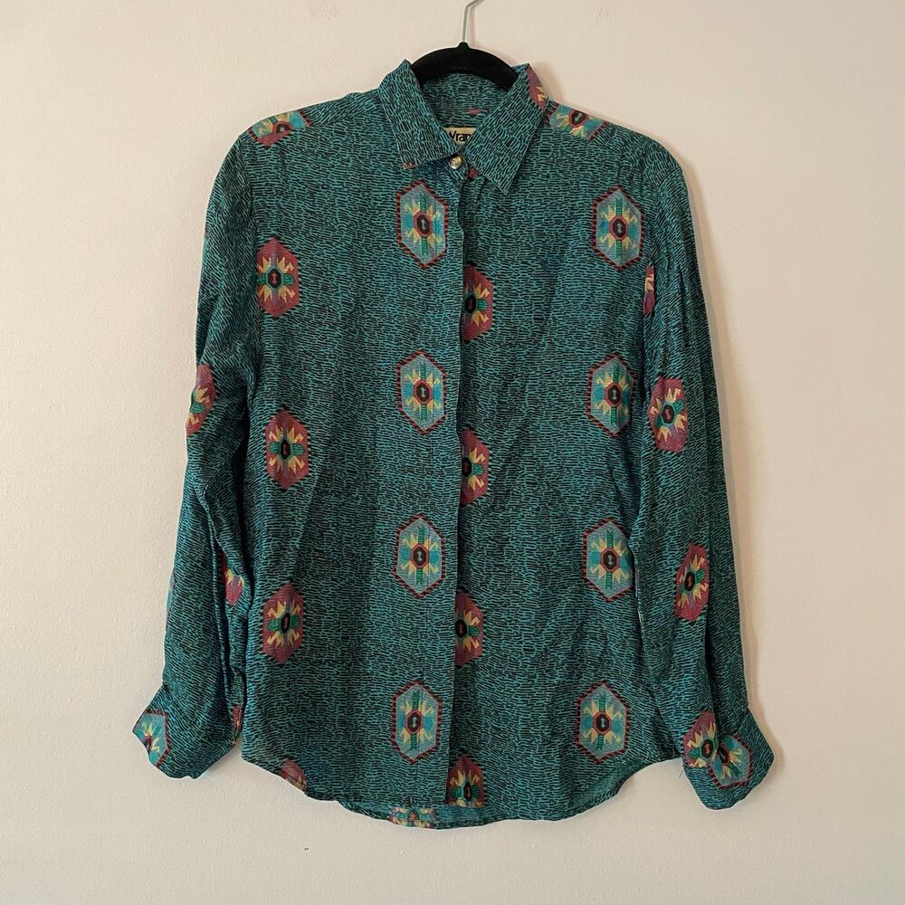 Wrangler Authentic Western Blue Aztec Print Vintage Button Down Shirt Medium